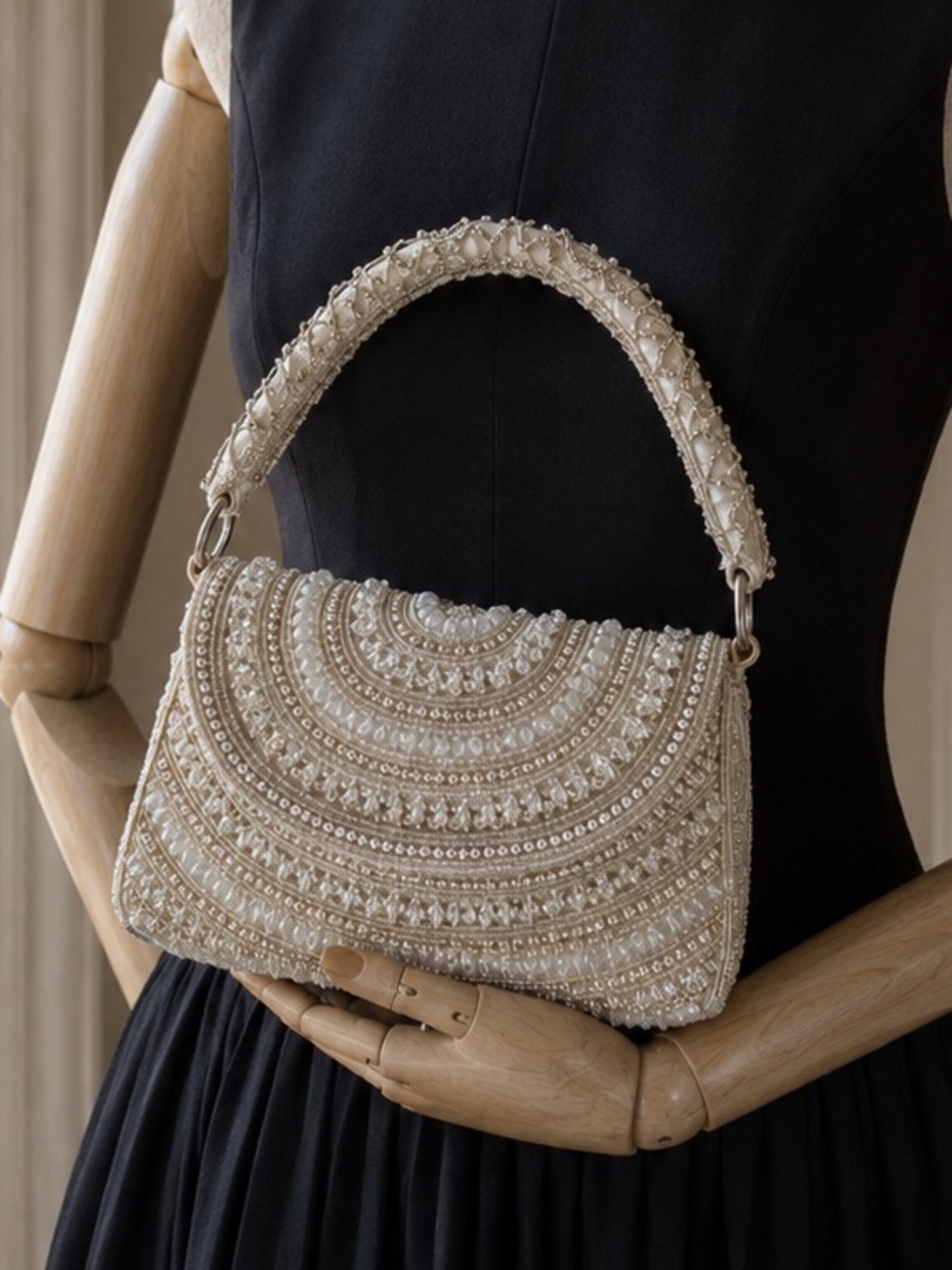 Handmade Silver Pearls and Beaded Party Clutch Bag- Brand New
